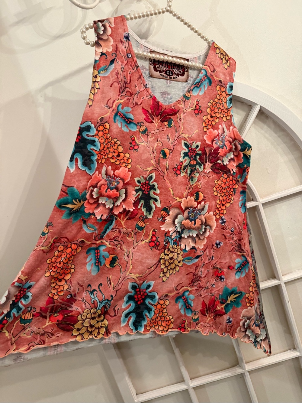 Amma Boho Top Madenin LA Floral Tank Whimsical Artsy Lettuce Hem Cottagecore